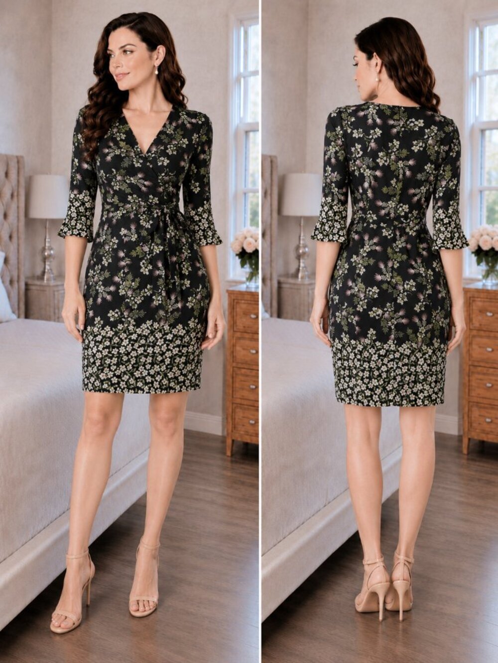 Slate & Willow  Black Floral Surplice Dress $275